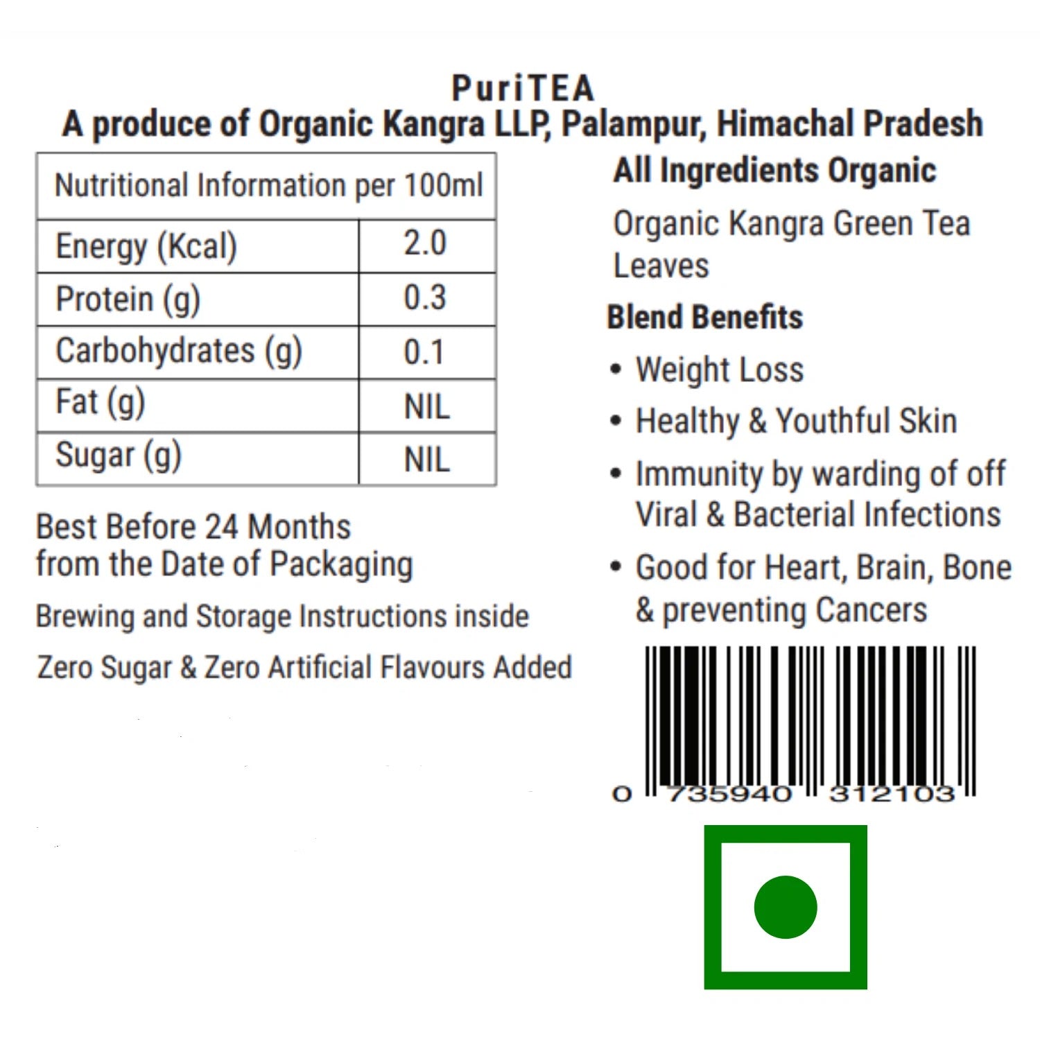 Kangra Tea House PuriTEA Label with Nutritional Information, Ingredients, and Benefits
