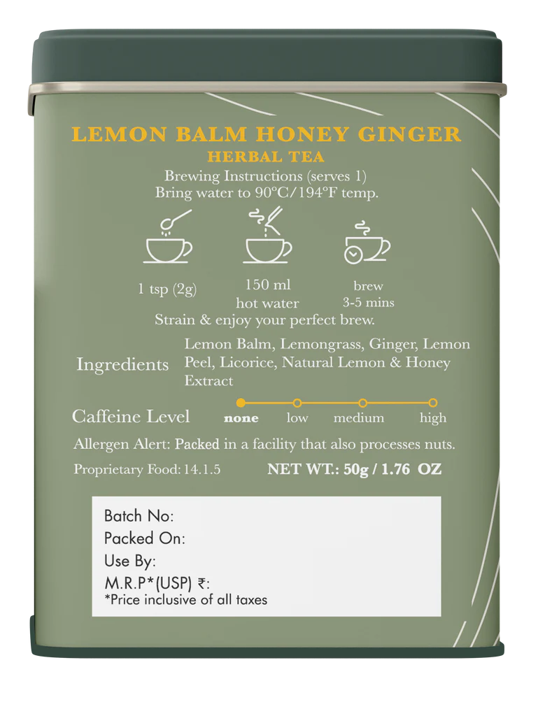 Luxmi Tea Organic Lemon Balm Honey Ginger Herbal Infusion
