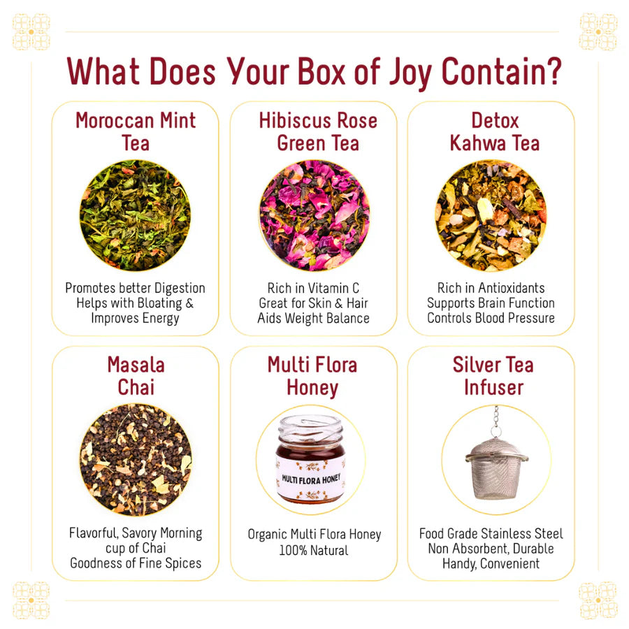 Oh Cha Explorers Box with 4 Tea Flavours, Tea Infuser and Honey