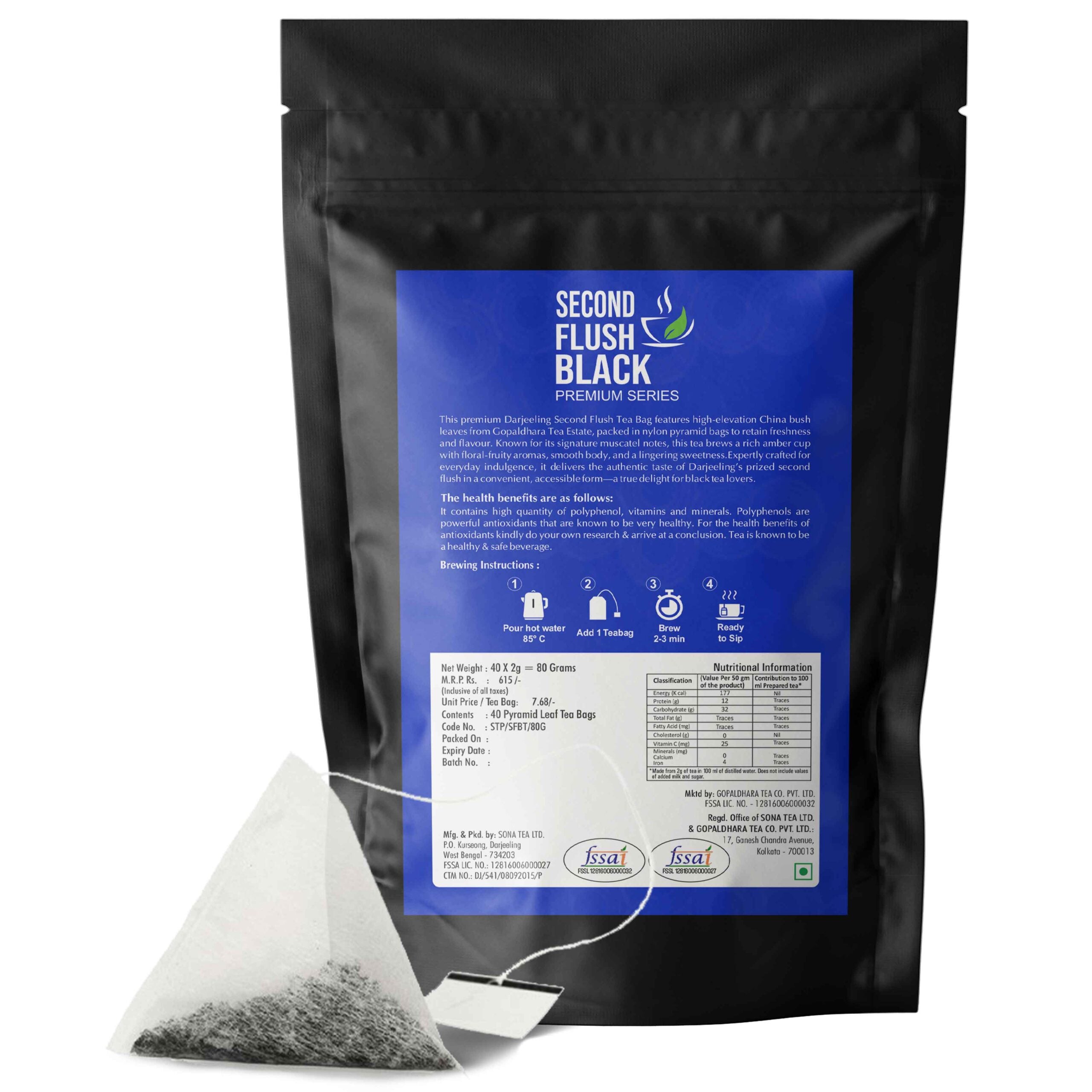 Gopaldhara Darjeeling Premium Second Flush Black Tea Pyramid Whole Leaf Tea Pack