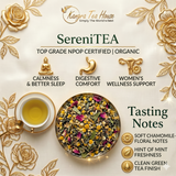 Kangra Tea House SereniTEA 100% Organic First Flush Chamomile Mint Rose Green Tea in Hand Sewn Chemical-Free Cotton Potlis -Restorative Sleep, Menstrual Comfort and Strong Immunity