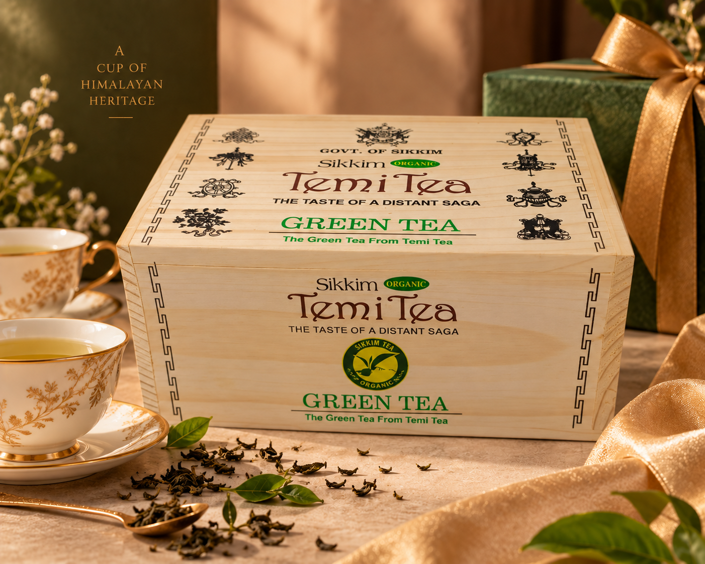 Temi Tea Organic Green Tea in a Wooden Caddy