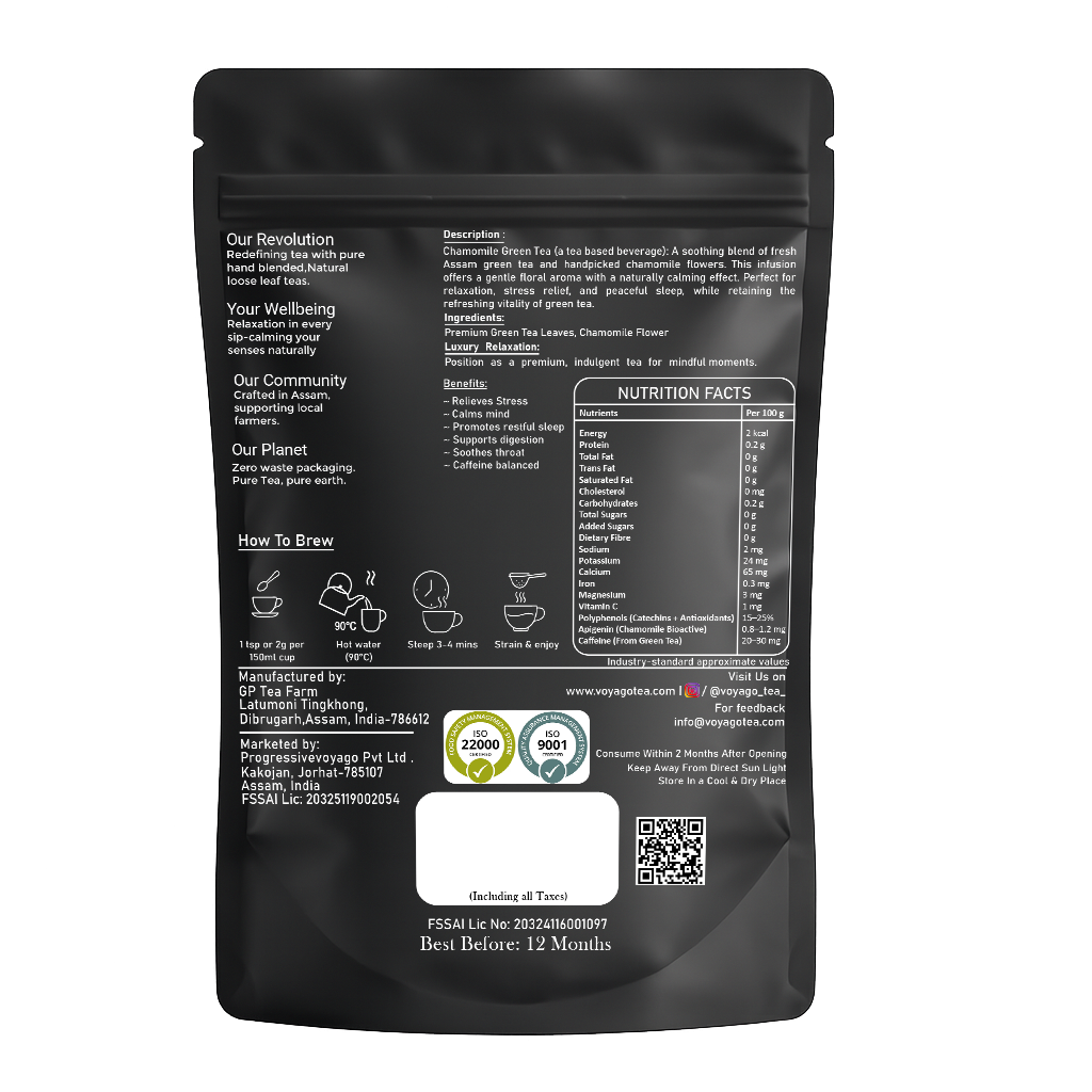 VoyaGo Chamomile Artisanal and Handcrafted Green Tea Pack