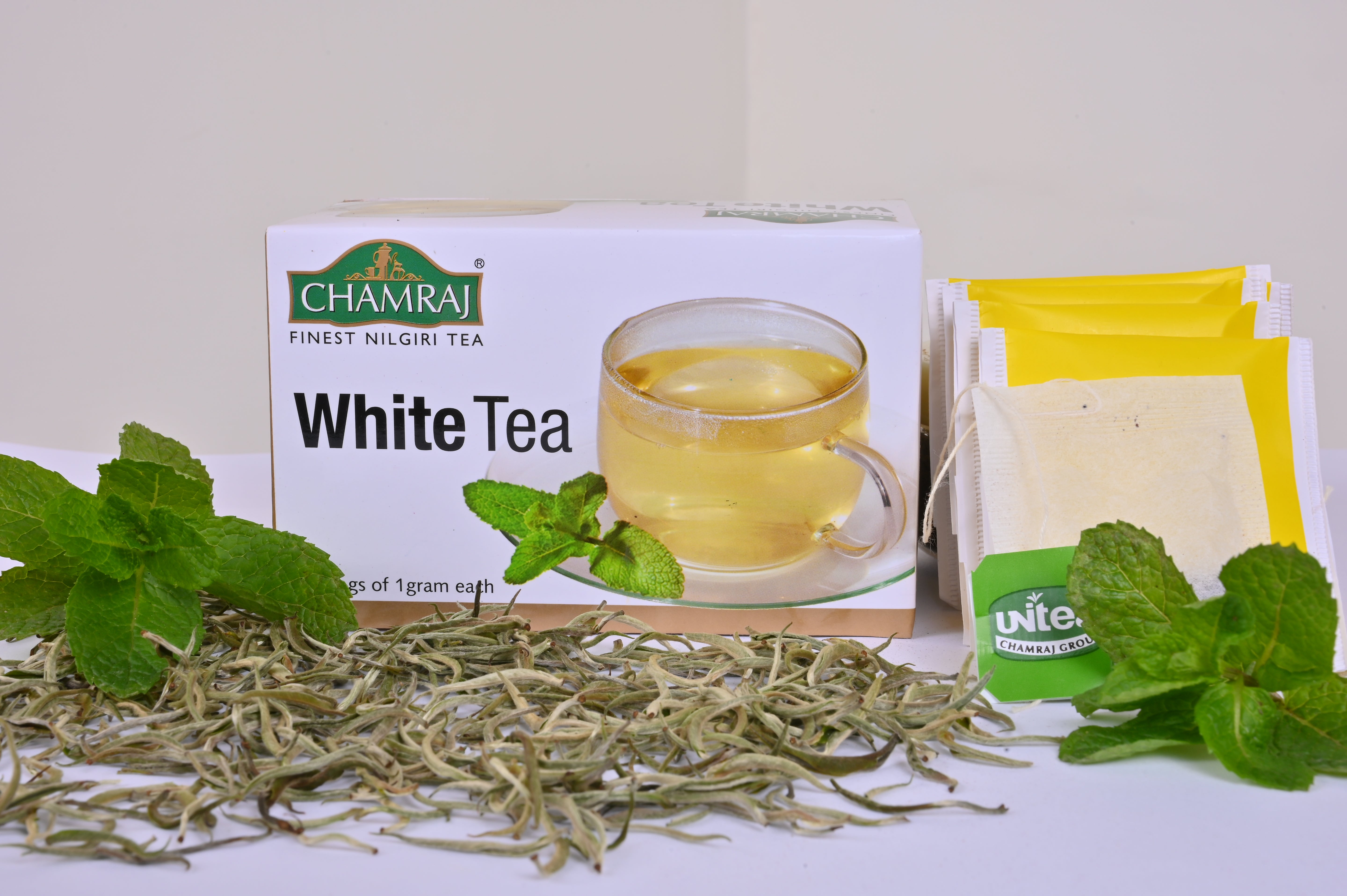 Chamraj White Tea Box with Tea Leaves and Mint Leaves
