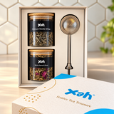 Xah White Tea Collection Gift Set with Two Glass Jars of Premium White Tea and Stainless Steel Strainer